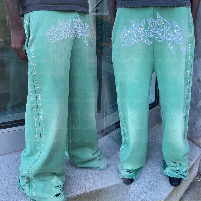 Salati Custom Track Pants 400 GSM Embroidered Boot Cut Sun Faded Rhinestone Acid Wash Straight Leg Flared Baggy Men's Sweatpants