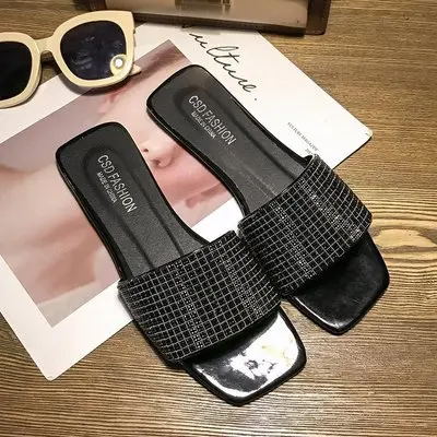 Women's One-Word Trendy Sandals New Fashion Korean Version Flat Bottomed  Slippers for Spring Summer Net Red with Rhinestone