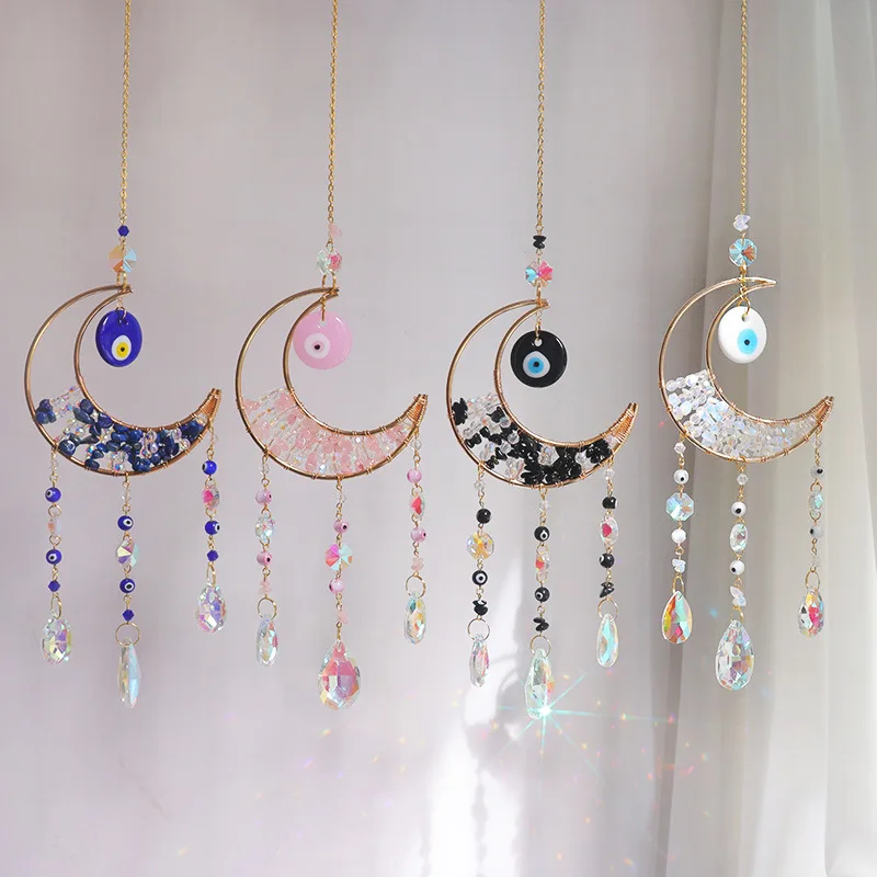 New Design Rose Quartz Moon Sun Catcher with Evil Eye Ornament Home Decor Wall Hanging Car Ornament Crystal Sun Catcher