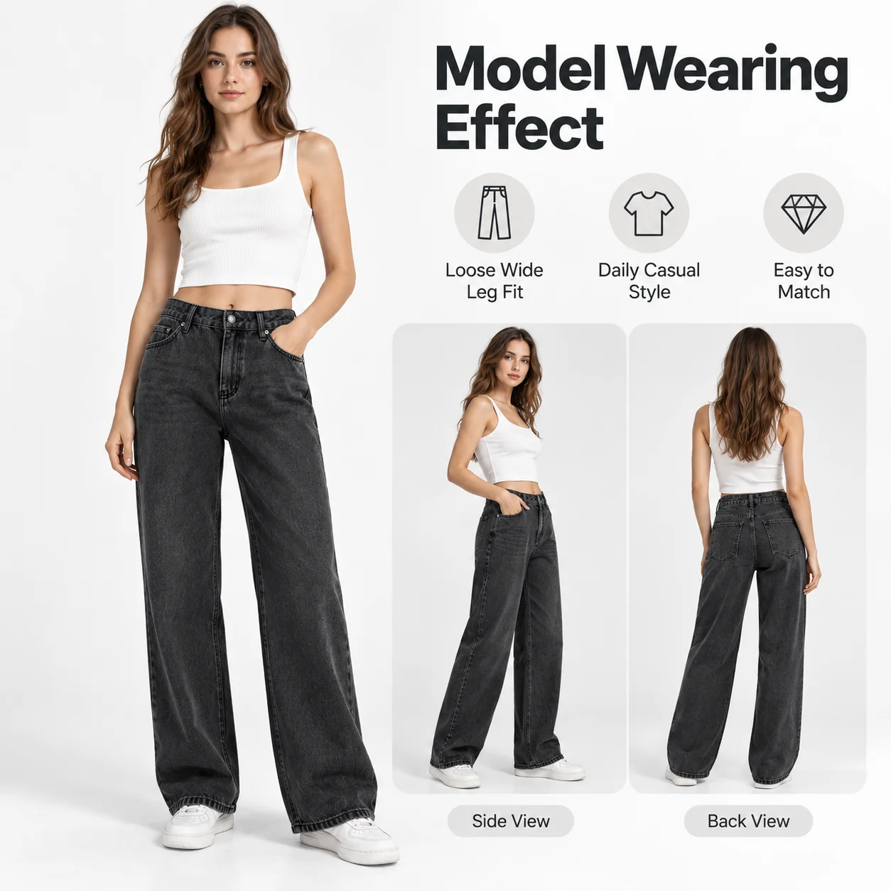 Women's Vintage Dark Gray Wash Low Waist Loose Straight Fit Breathable Washable Sexy Streetwear Basic Denim Jeans