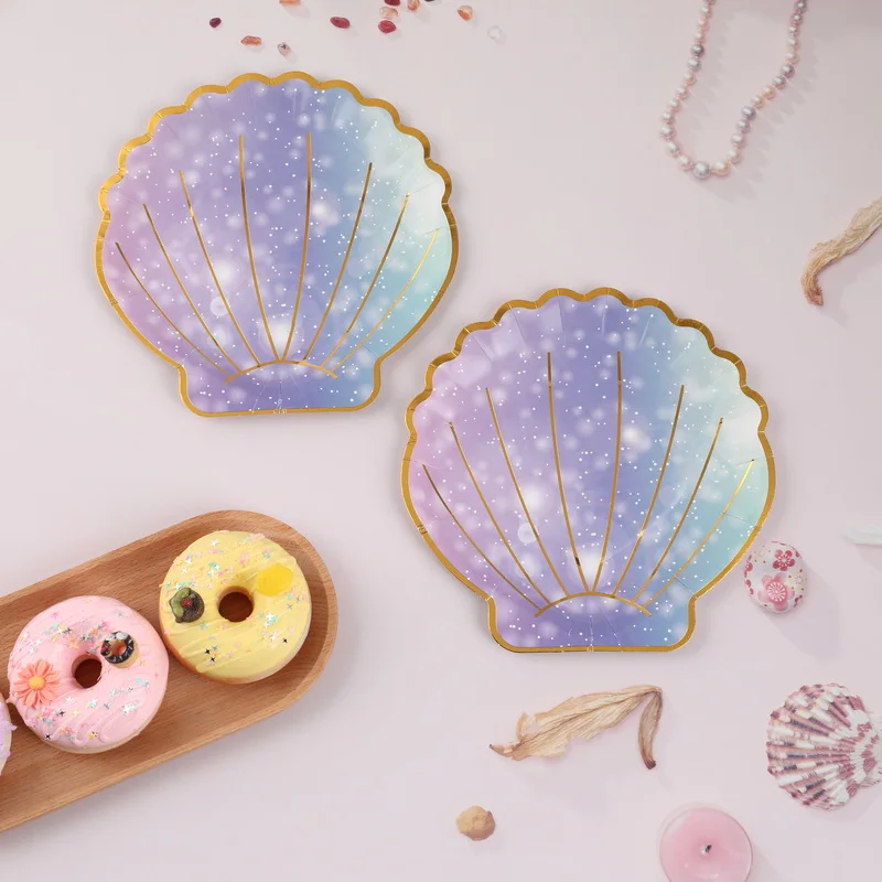 Disposable Party Tableware Set 9inch Printed Shell Cactus Tortoiseshell Leaf Paper Plates for Birthday Baby Shower Decorations