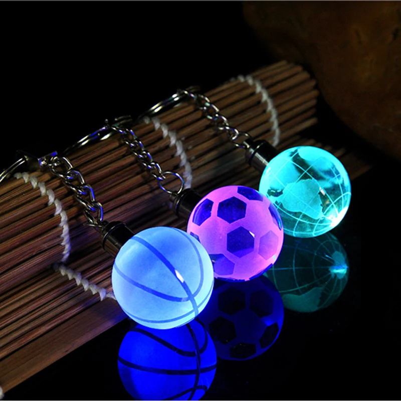 wholesale football/basketball design crystal ball keychain with LED light for sport souvenir gift