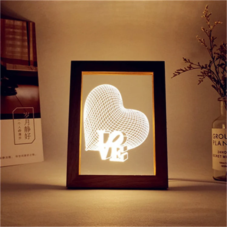 Customize Abstract Photo Frame Laser Cut Acrylic Led Night Lights 3D Wood Frame Optical Nigh Lamp Gift