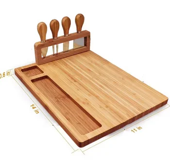 Wholesale Rectangle Shape Wood Bamboo Cheese Board Set Hot Serving Tray with Cutlery in Slide out Drawer Cheese Platter Cutting