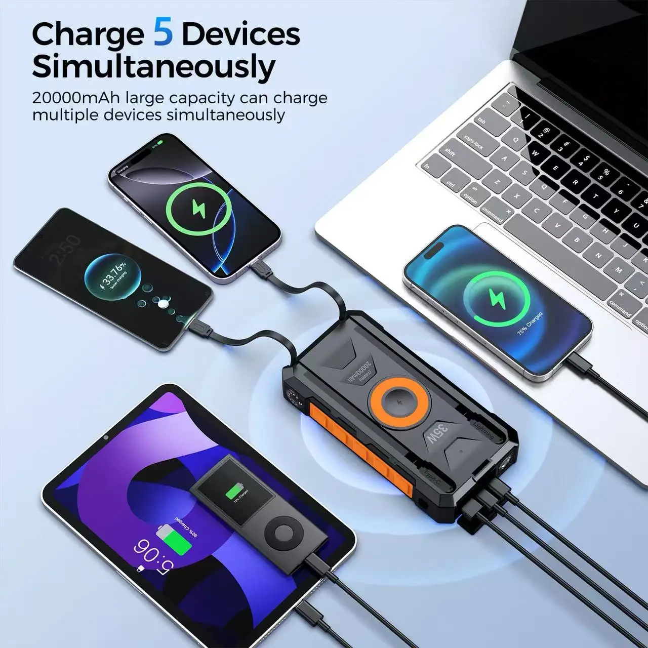 Portable Solar Charger 20000mAh Fast Charging 35W Power Bank with Wireless Charging and LED Flashlight