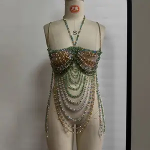 Dropshipping New Design Clothing Party Club Wear Shiny Bra Candy Color Beaded Top Body Chains Tank Top