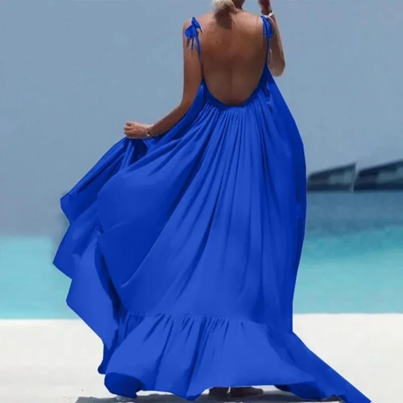bohemian backless maxi dress Blue Frill Square Neck Puff Sleeve Backless Denim Dress