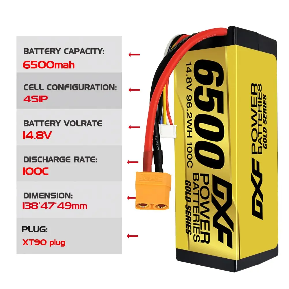 DXF 4s Lipo 14,8V 6500mAh 100C LIPO Akku Hardcase mit XT90 für RC 1/8 Buggy Truggy Auto, passend für Emaxx, Bandit, Rustler & mehr!_voghion.com