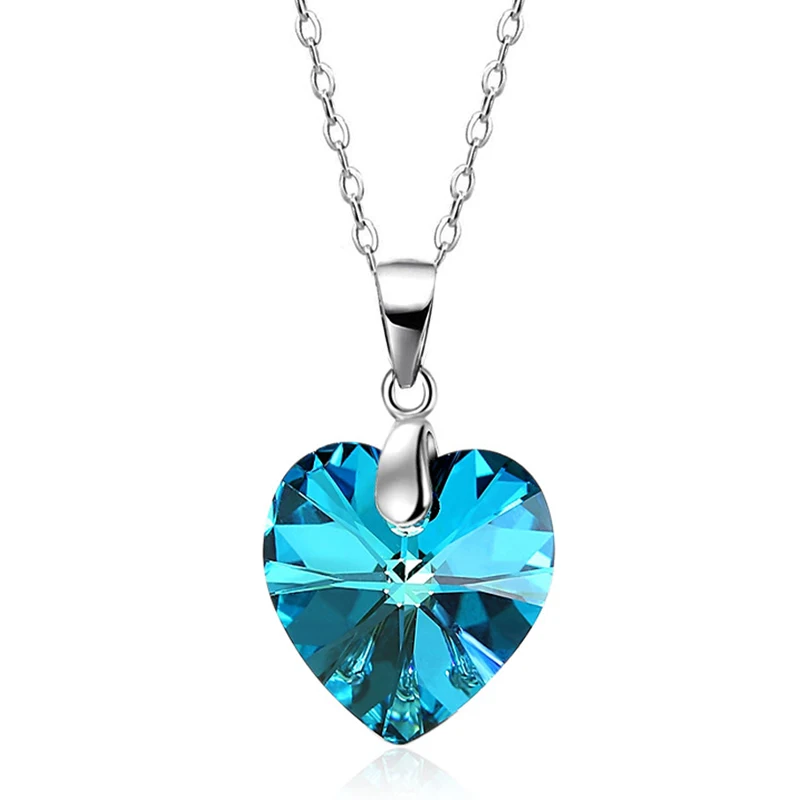 Women Crystal Love Heart Necklace 925 Sterling Silver Heart Of Ocean