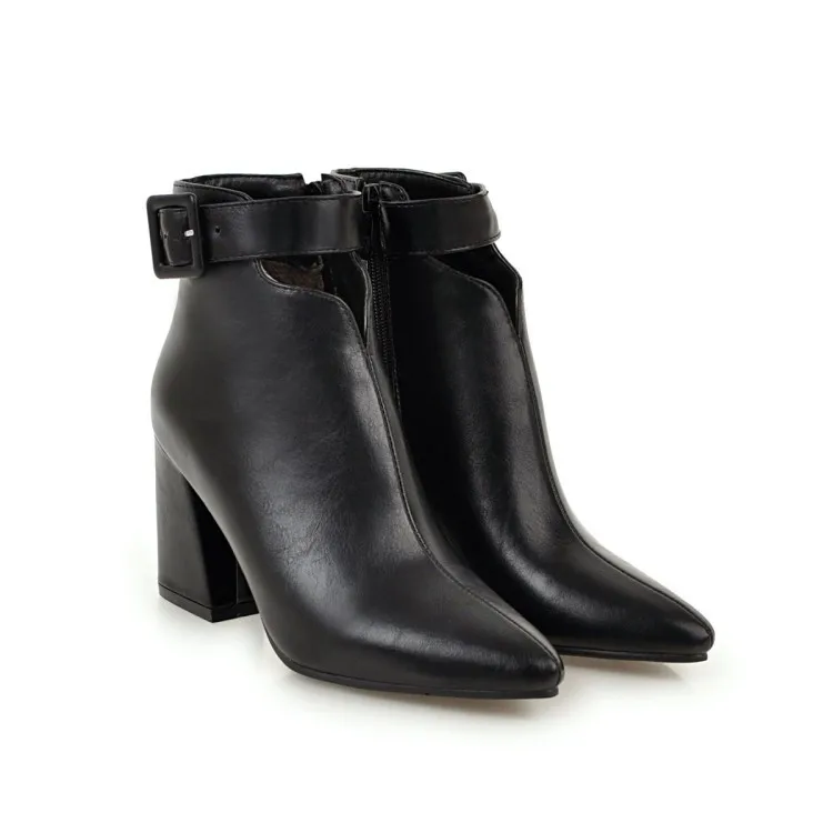 Ladies Brown Leather Elegant Pointed Toe Big Size Buckle Strap V-cut Opening Zipper High Heels Ankle Boots - Image 4