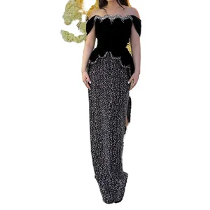 Customize Women Simple Straight Sexy Shoulder Pearl Diamond Black Long for Two Piece Set Elegant Evening Party Club Gowns Dress