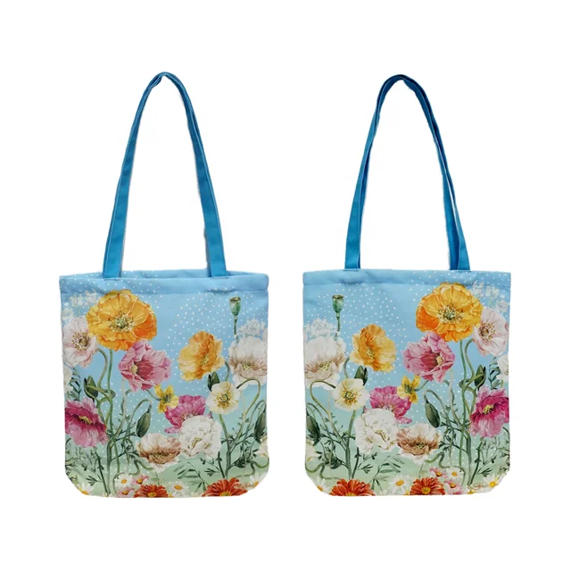 High Quality High-Capacity Blue Floral Portable Polyester Tote Bags in Wholesale for Promotions