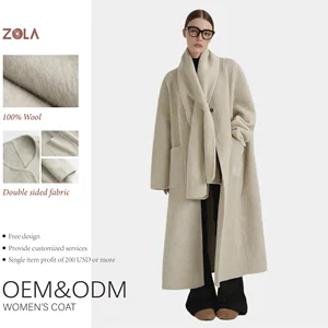Women's High Quality Casual Style Long Winter Coat Solid Color Double Sided and Loose Woolen Fabric