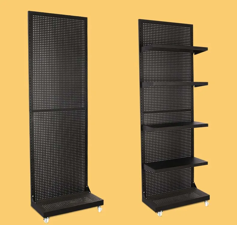 Metal End Cap Hole Mesh Rack Metal Pegboard Display Rack Panel With Pegboard Baskets Moveable Storage Display Rack With Wheels