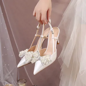 QuiteS 2026 French Romantic Wedding Slippers for Women Slim Thin Heel Bow Pearl PU Insole for Summer and Autumn