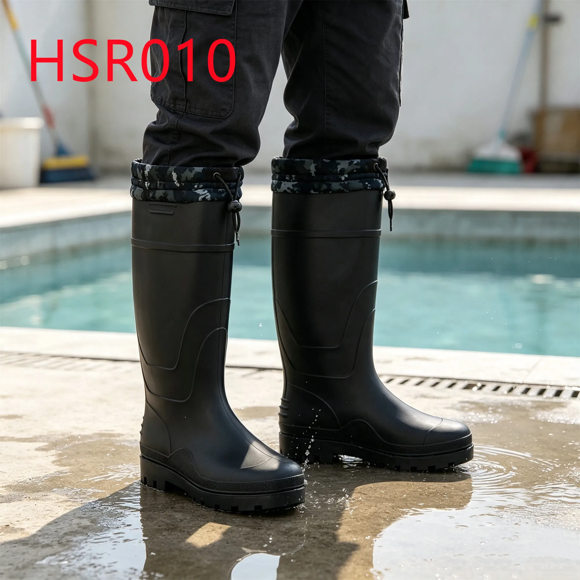 HY,Georgia Popular Fast Rope Guard Design Hua Singh PVC Rain Boots All-season Suitable Glossy/matte Black Rubber Boots HSR010