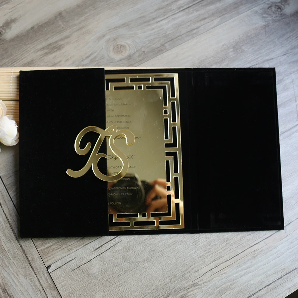 Black Velvet Hardcover Invitations Gold Acrylic Wedding Invitation Cards Custom Birthday Invitations Suede Menu Cards