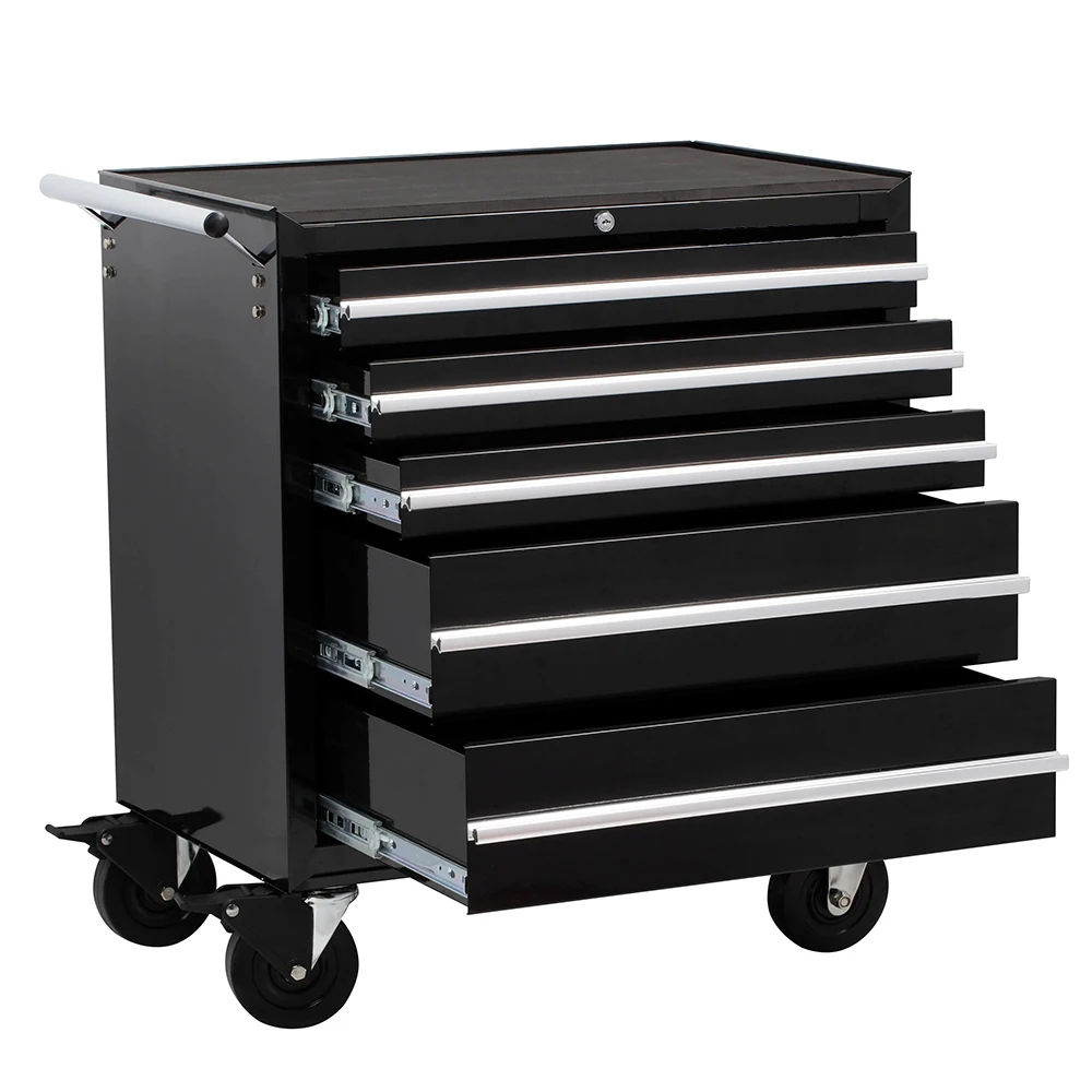 Factory 5-drawer Tool Cabinet with  Aluminium Drawer Pulls, Swivel and Locking Wheels and Ball-bearing Drawer Slides details