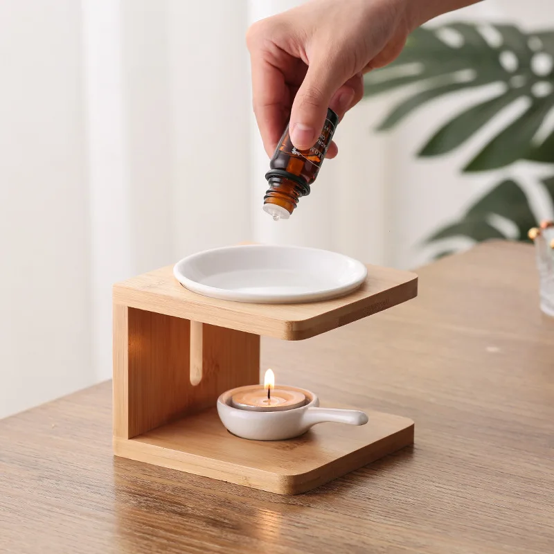 Eco-Friendly Home Aromatherapy Essential Oil Diffuser Ceramic Tealight Oven Candle Bamboo Fragrance Oil Burner Home Decoration