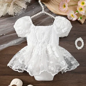 White Puffed Sleeves Baby Crawl Suit Gauze Skirt Hem Three-Dimensional  One-Piece Suit