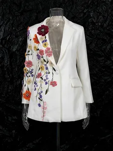 Delicacy Embroidery Beading Rhinestone Floral Casual Wear Notched Collar Anti-Wrinkle Blazer Women Oem Odm Custom Made