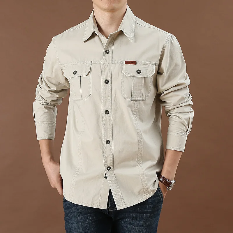 100% Cotton Uniform Shirt Men Casual Solid Long Sleeve Tops Outdoor ...