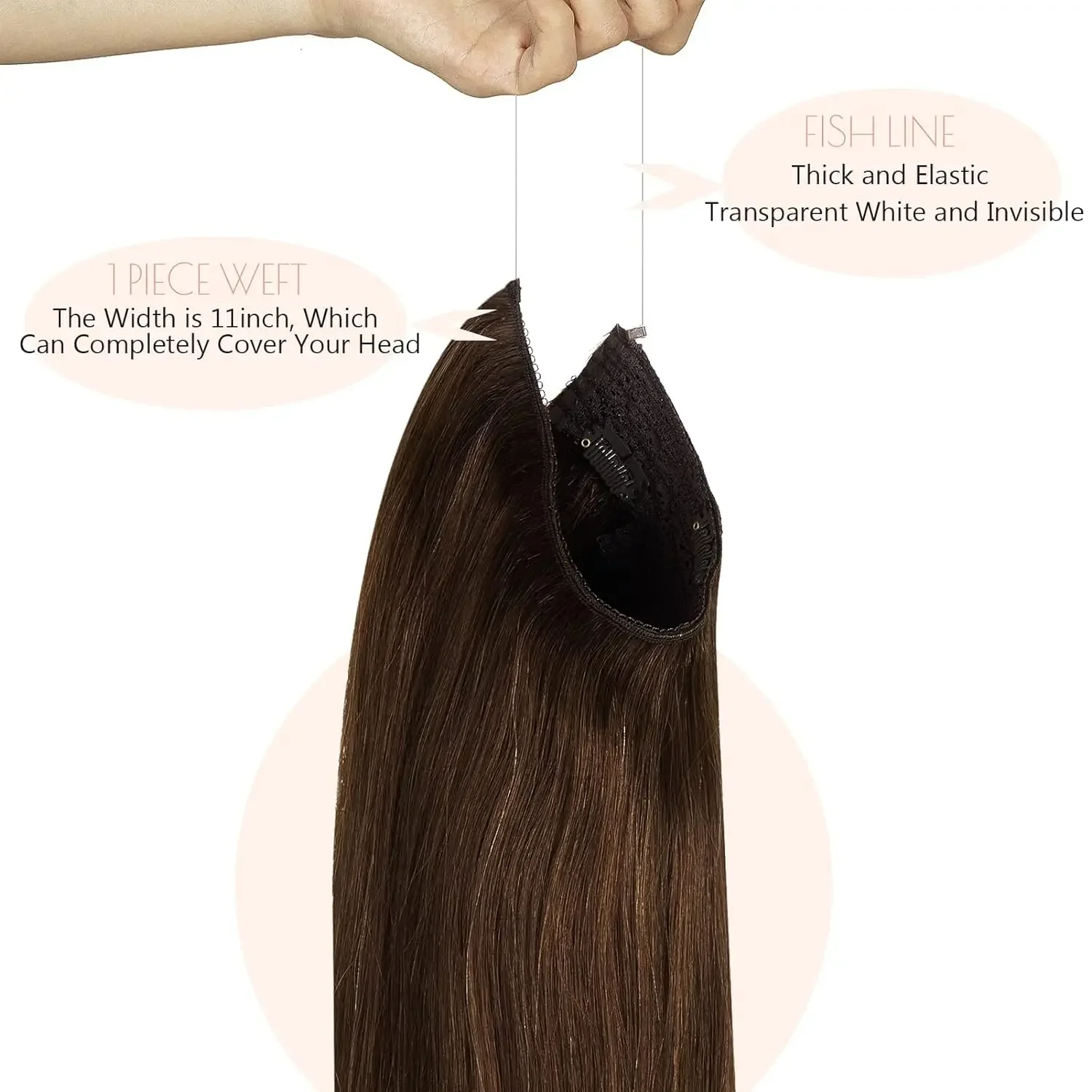 Black Remy Human Hair Extensions Invisible Wire Hairpiece with Fish Line_voghion.com
