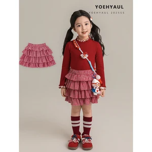 YOEHYAUL Q4632 Autumn Children's Clothing 100% Cotton Red Plaid Print Short Skirt Girls Multi-layer Cake Skirt for Toddlers