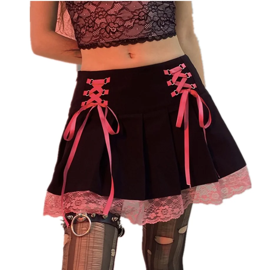 Womens Punk Style Vintage 90s Dance Mini Skirts Lace Trim Goth Y2K Pleated Skirt 