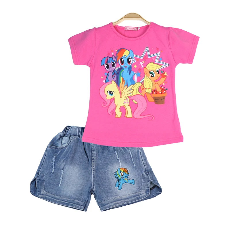 Комплект одежды для девочек хлопковая футболка с короткими рукавами «Эльза и Анна»; Сезон лето; Детские джинсы; Шорты; Одежда для детей, комплект из двух предметов детская одежда Sofia; Пони
