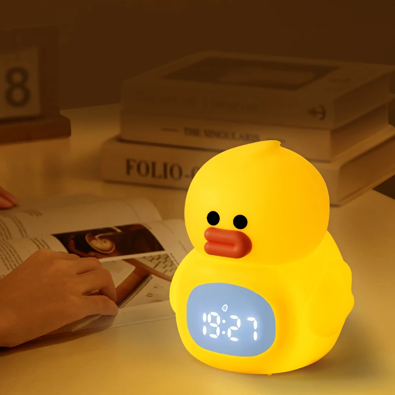 Cute Portable LED Duck Alarm Clock with Night Light Rechargeable and Remote Controlled for Baby Kid's Bed Room Decoration