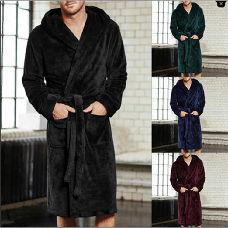 Extended winter nightgown with long sleeves in extra thick hooded pouch for warm men bridesmaid robes