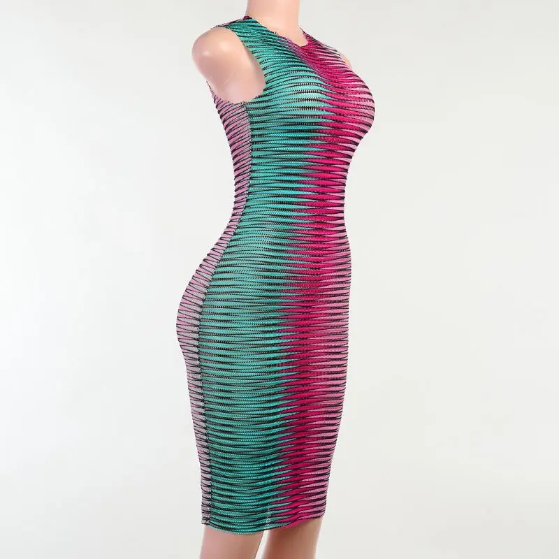 Women Sexy Mesh See Through Bodycon Dress Ladies Sleeveless Horizontal