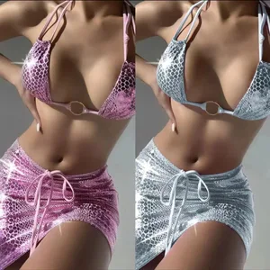 Women's Sexy Snake Print Three-Piece Bikini Set with Drawstring Tie and Matching Mini Skirt Beach Swimwear