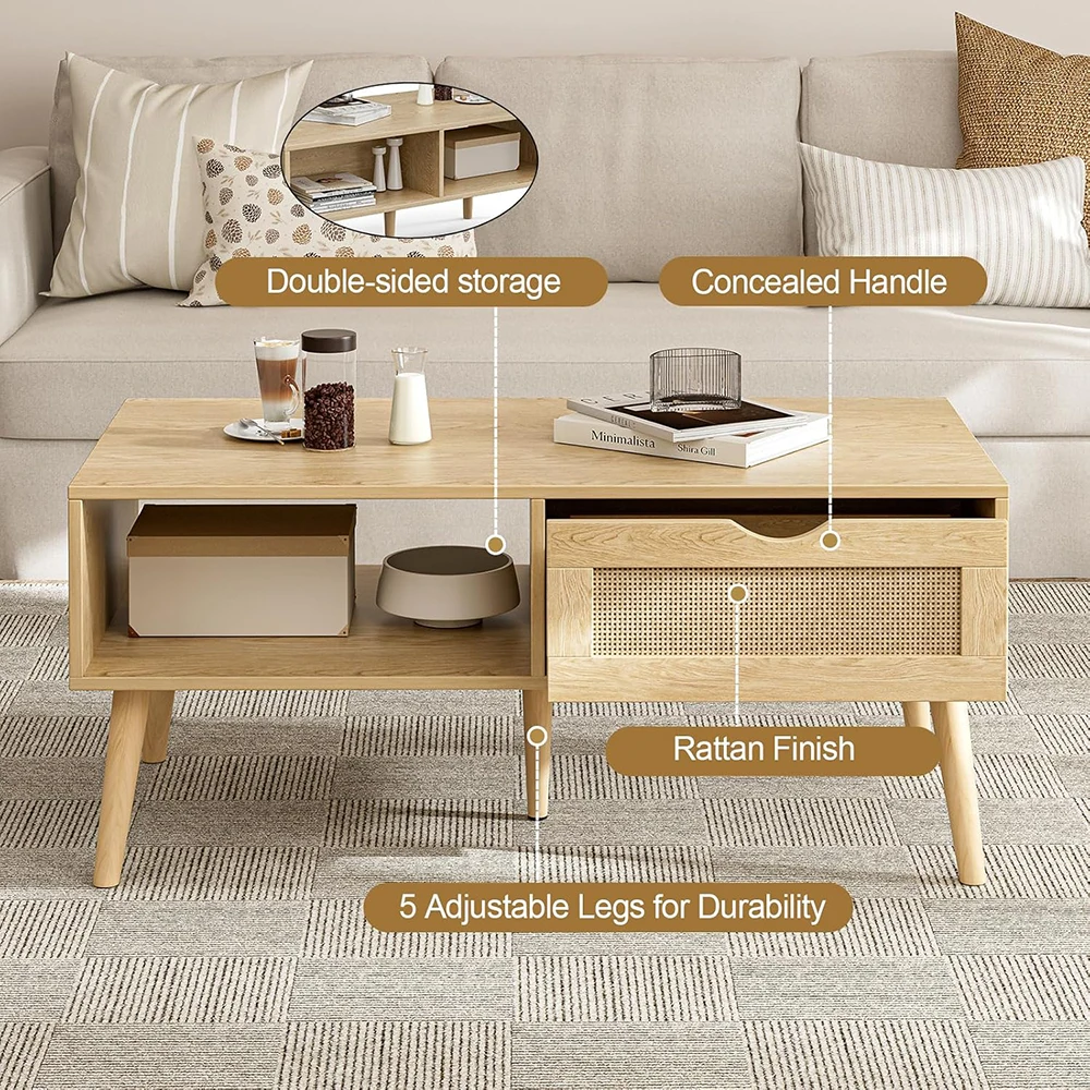 product modern coffee table with storage rattan drawer solid wood legs oak finish for living room-5