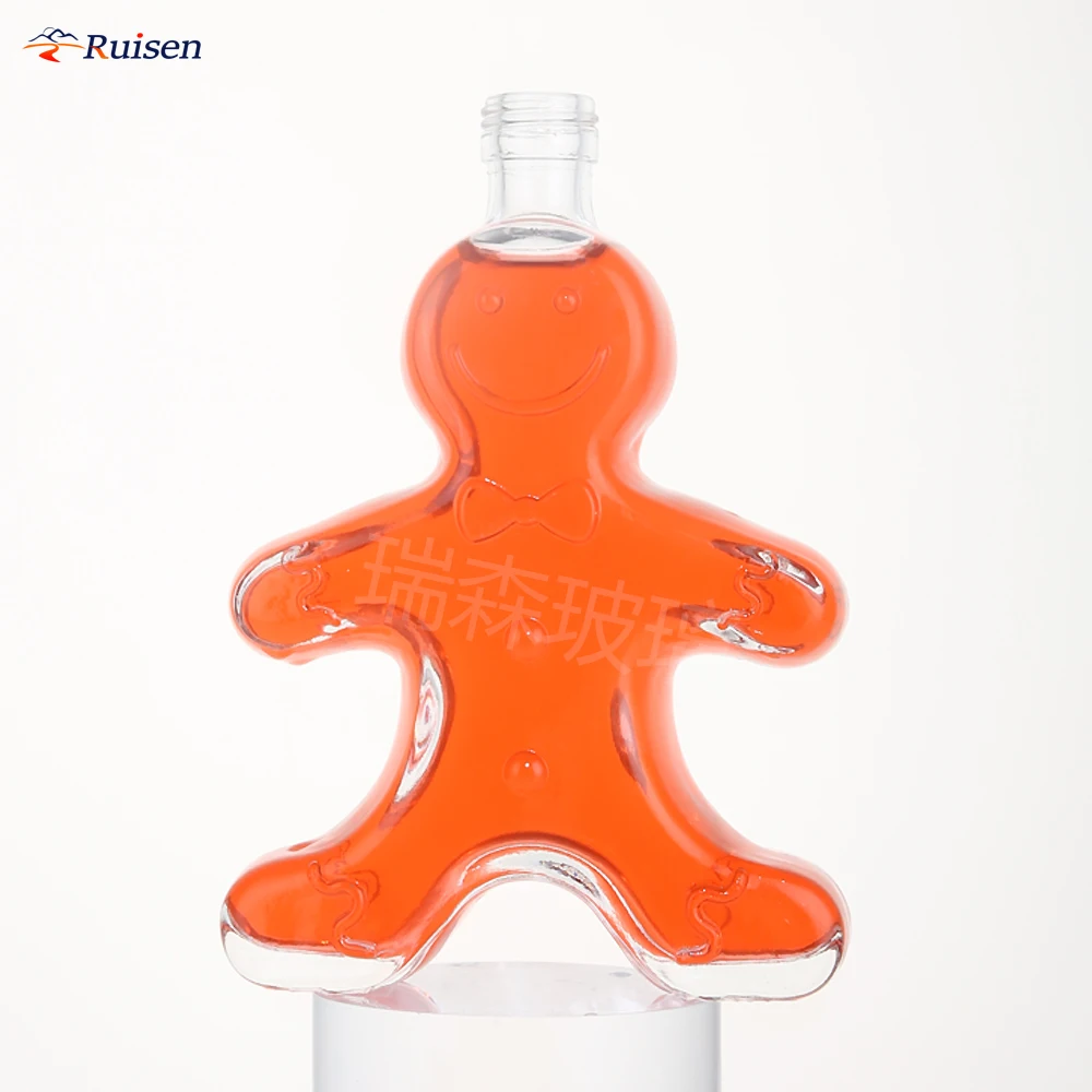 500ml Custom Gingerbread Human Shape Glass Bottle Long Neck Can Hold Whiskey Brandy with Cork Bottle Stopper