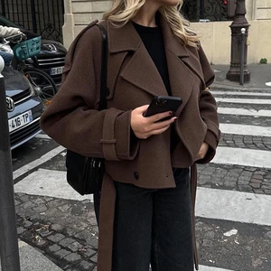 2026 Autumn Winter Fashion Lace up Double Breasted Full Sleeves Jackets High Streetwears Lady Solid Short Trench Coats for Women