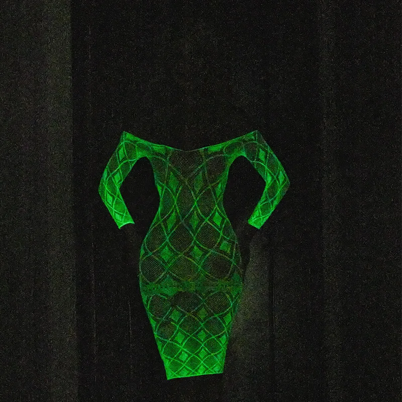 Sexy One Piece Glow in Dark Lingerie Erotic Long Sleeve Wrapped Corset Mesh  Dress Sexy Hollow Out Luminous One-Piece Stockings