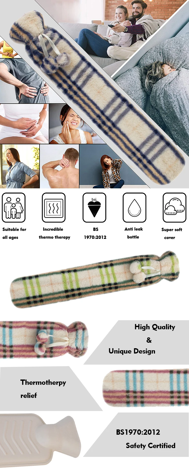 best selling 2000ml long hot water bottle rubber hot water bag with tartan pattern plush cover