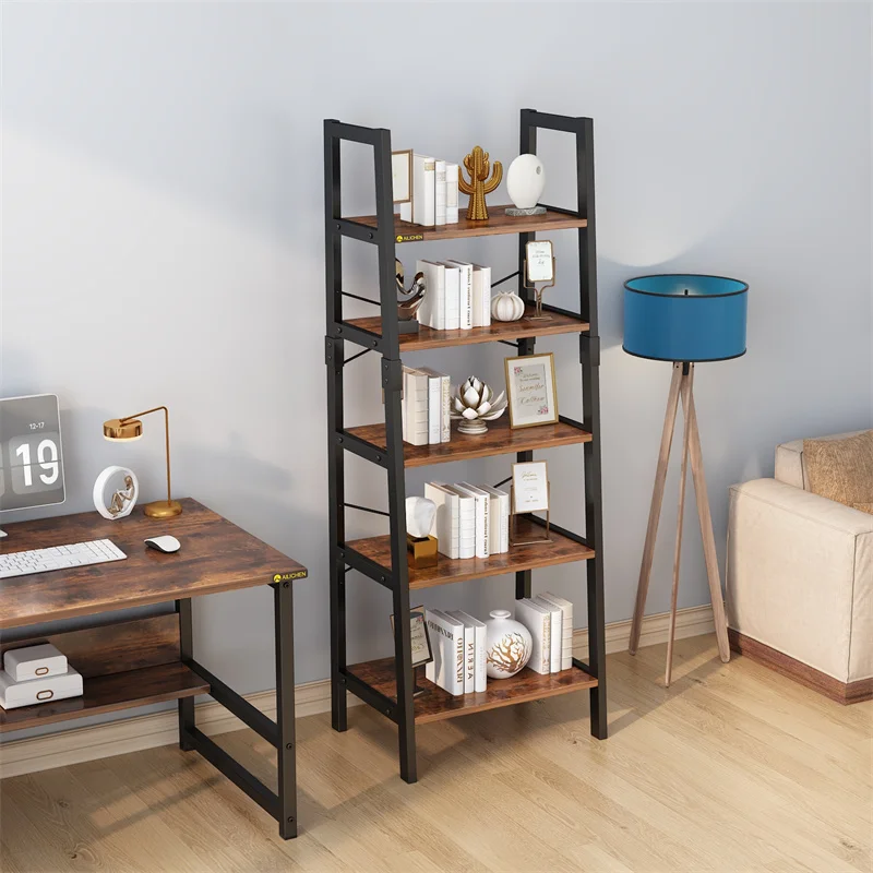YQ Forever Furniture Modern Design Wood and Black Metal Living Room Decorative Storage Rack Bookcase Bookshelves Cabinet