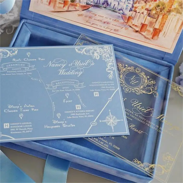 High Quality Hydrangea Blue Velvet Invitation Box Wedding Invitation ...