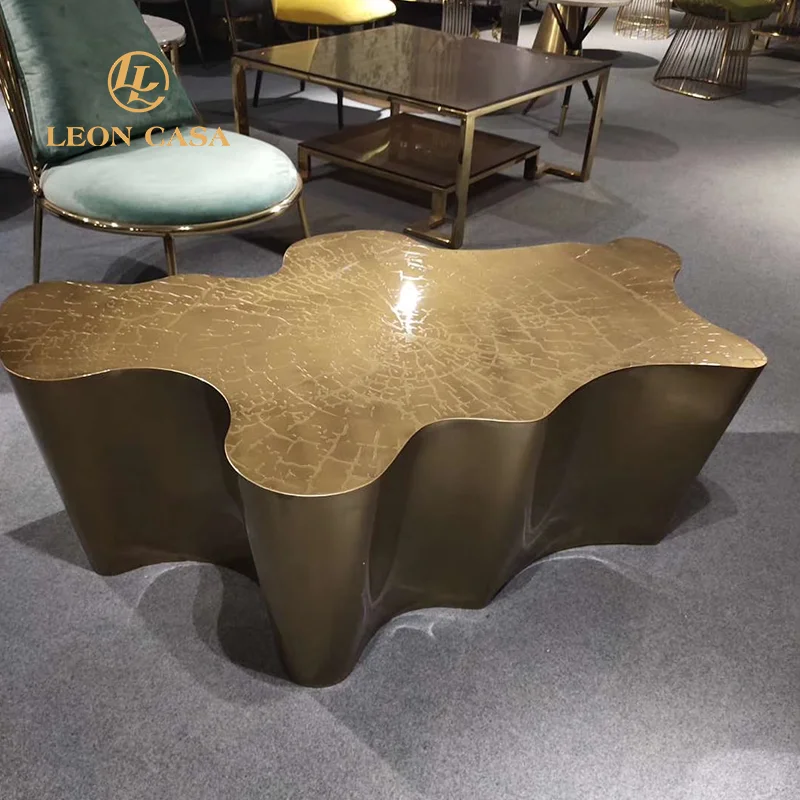 Unique Design Etching Top Tree Trunk Shape Center Table Luxury Stainless Steel Gold Coffee Table