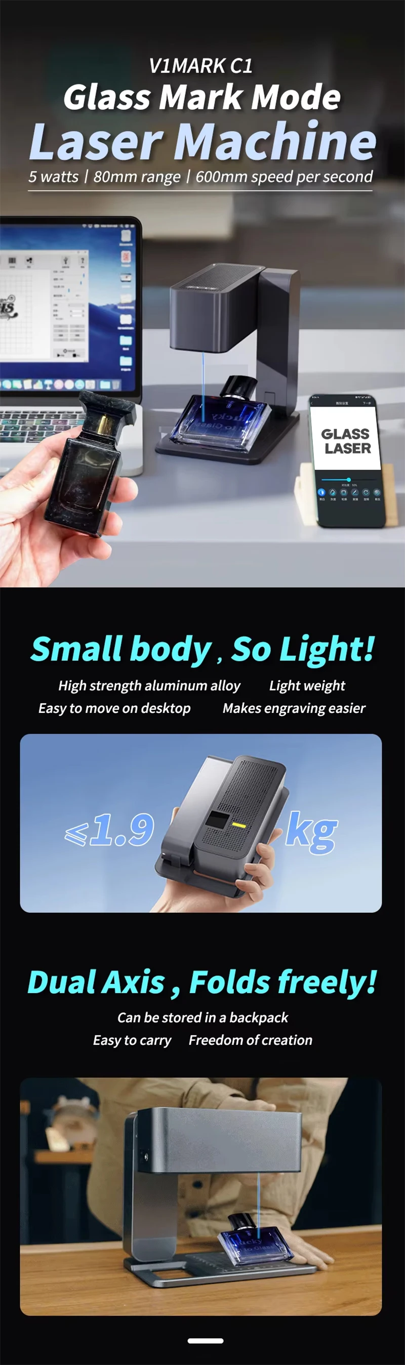 MR.CARVE C1 Mini 5W Diode Marking Machine Hot Selling 80*80mm Continuous Wave Stand for Wood Plastic Leather Auto Focus Leaf