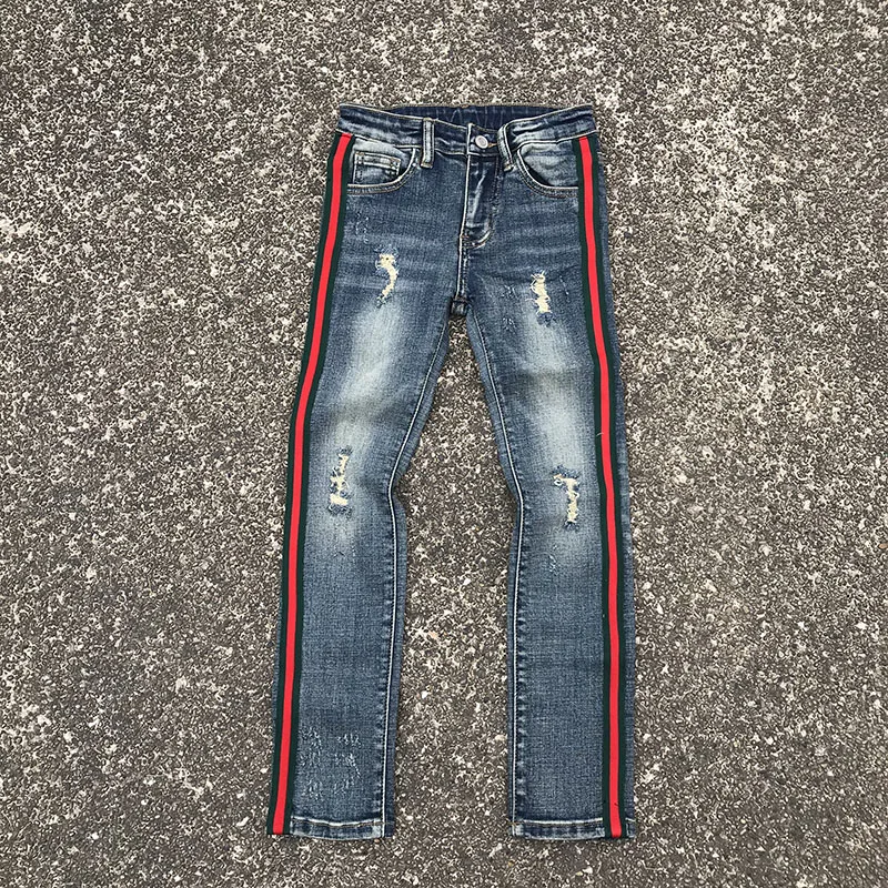 In stock wholesale drop shipping Children jeans With red/green striped distressed skinny slim fit jeans for boys