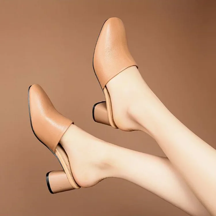 Baotou half slippers spring and summer new green high heels solid color square head thick with sandals