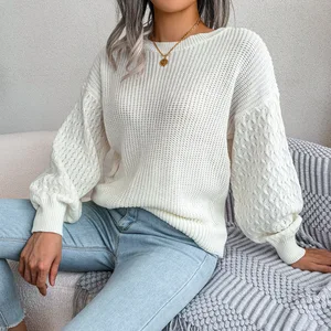 Women's Long-sleeve Knit Sweater Autumn and Winter Style Single-color Round Neck Pullover Loose and Warm Casual Top for Women