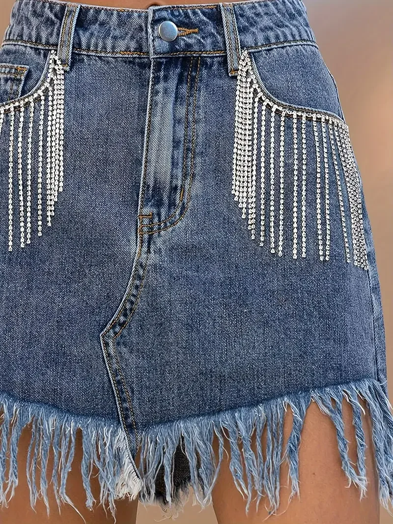 Summer Women's Mini A-line Bodycon Jean Denim Skirt With Rhinestones Tassel Frayed Hem Sexy Lady Skinny Short Skirts