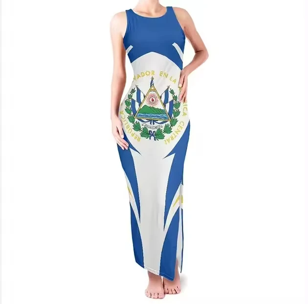 Custom Logo Printing Philippine Independence Day Sleeveless Long Dress Pilipinas Eagle Sexy Round Neck Slit Dress Wholesale