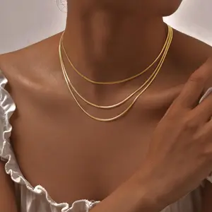 Minimalist Style Waterproof Jewelry Gold Plated Stainless Steel Choker Necklace Three Layered Snake Chain Necklace