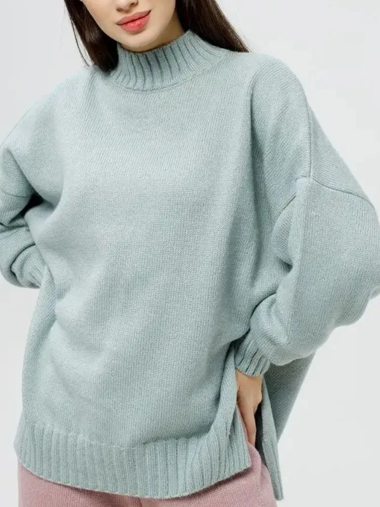 2024 ODM Factory Custom Russian Winter High Quality Mock Neck Turtleneck Knitted Oversized Split Sweater for Women